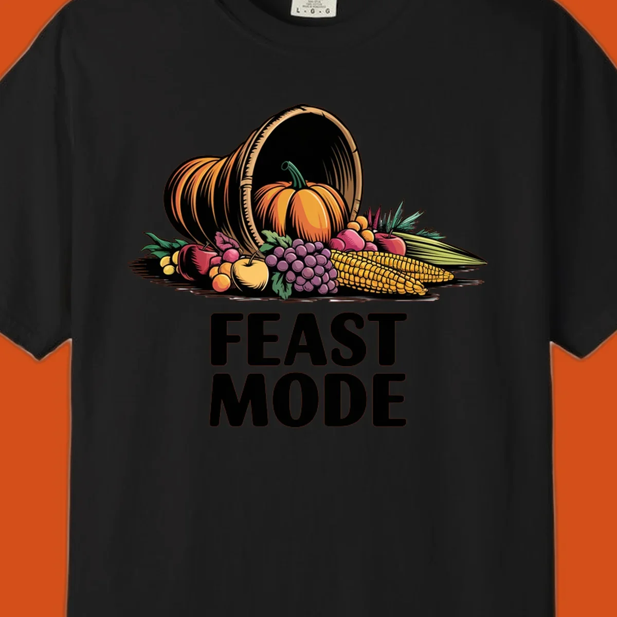 Thanksgiving feast mode cornucopia with fruits and vegetables, text.