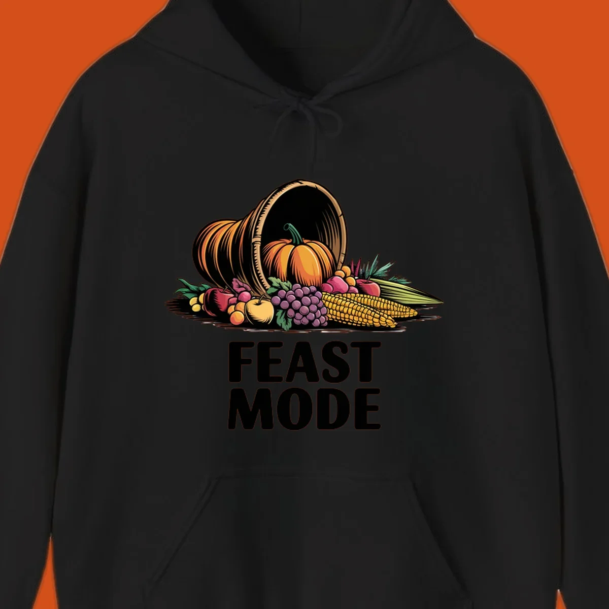 Thanksgiving feast mode cornucopia with fruits and vegetables, text.