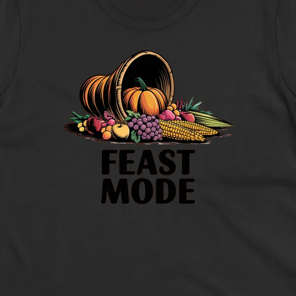 Thanksgiving feast mode cornucopia with fruits and vegetables, text.