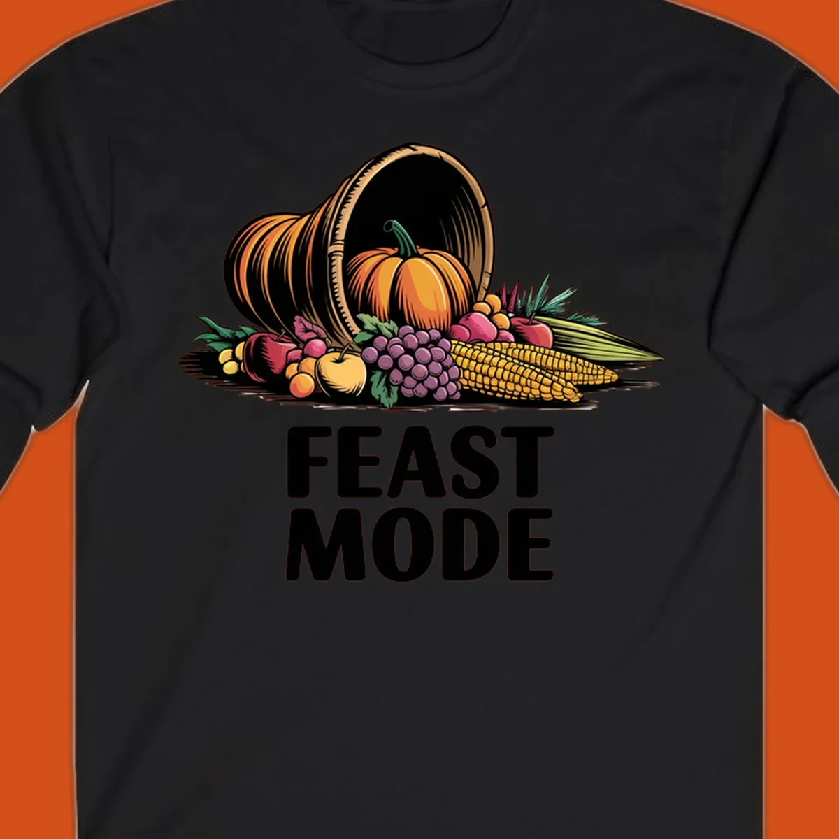 Thanksgiving feast mode cornucopia with fruits and vegetables, text.