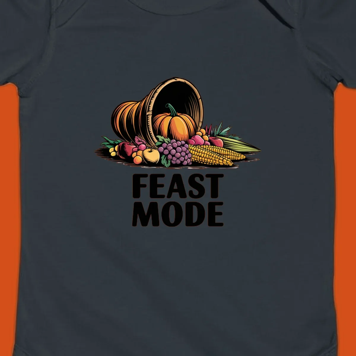 Thanksgiving feast mode cornucopia with fruits and vegetables, text.