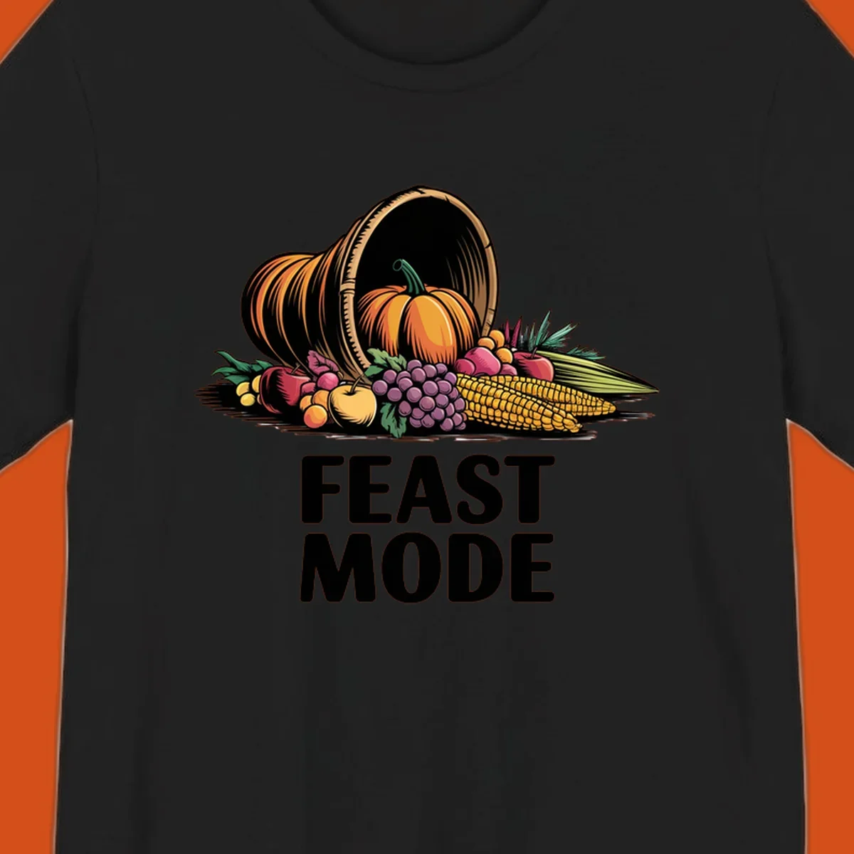 Thanksgiving feast mode cornucopia with fruits and vegetables, text.