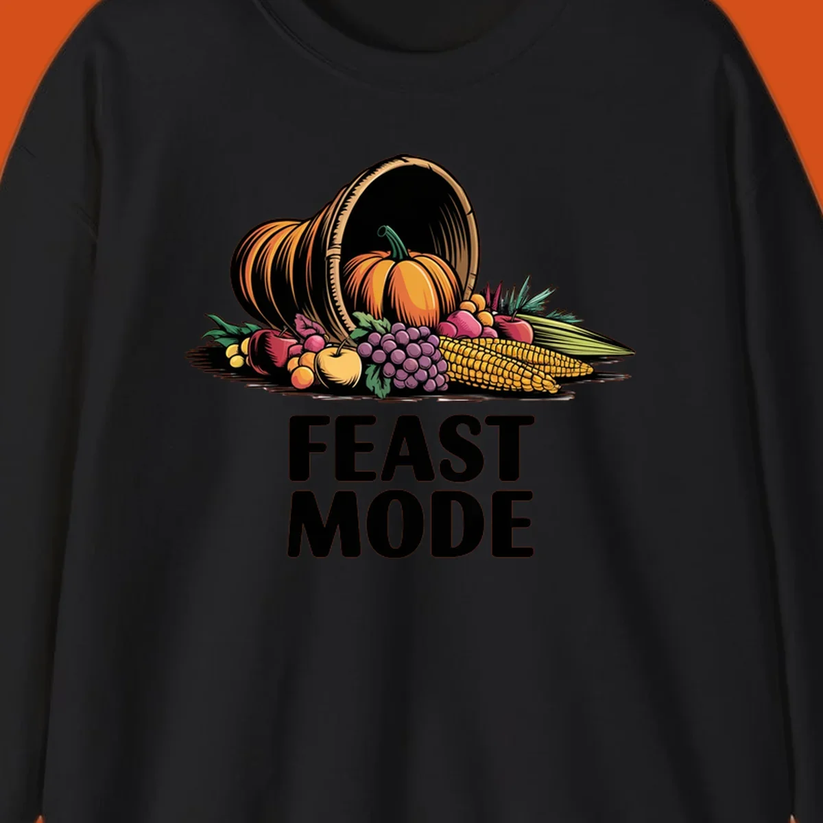 Thanksgiving feast mode cornucopia with fruits and vegetables, text.