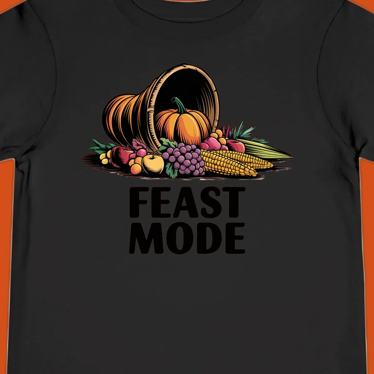 Thanksgiving feast mode cornucopia with fruits and vegetables, text.