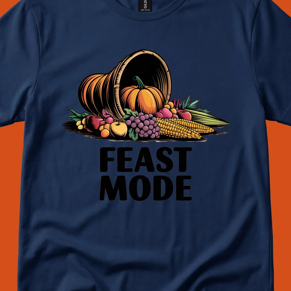 Thanksgiving feast mode cornucopia with fruits and vegetables, text.