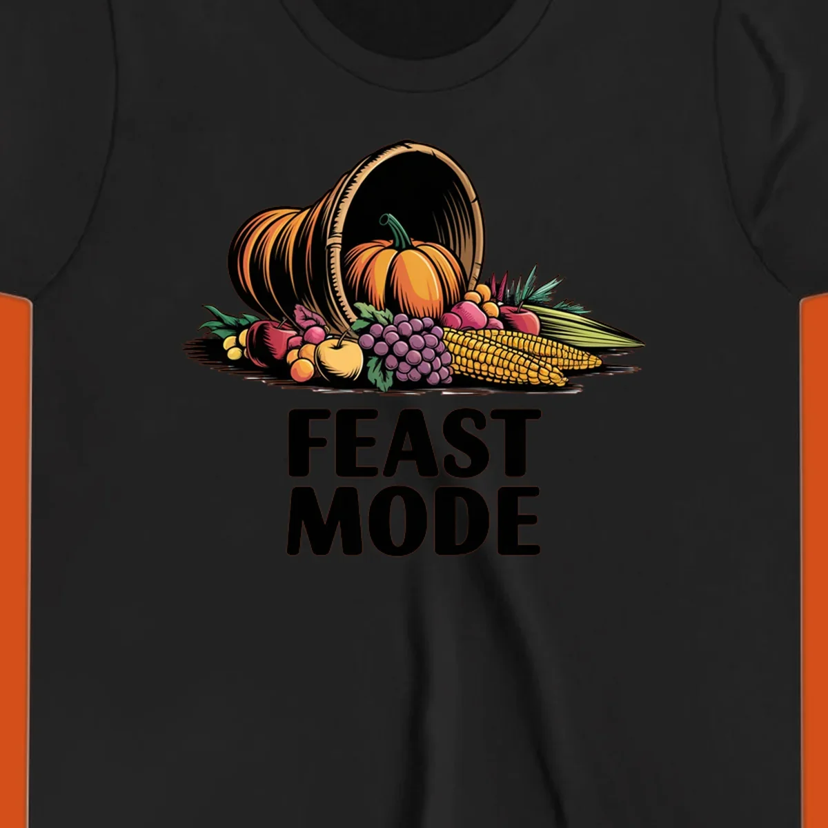 Thanksgiving feast mode cornucopia with fruits and vegetables, text.