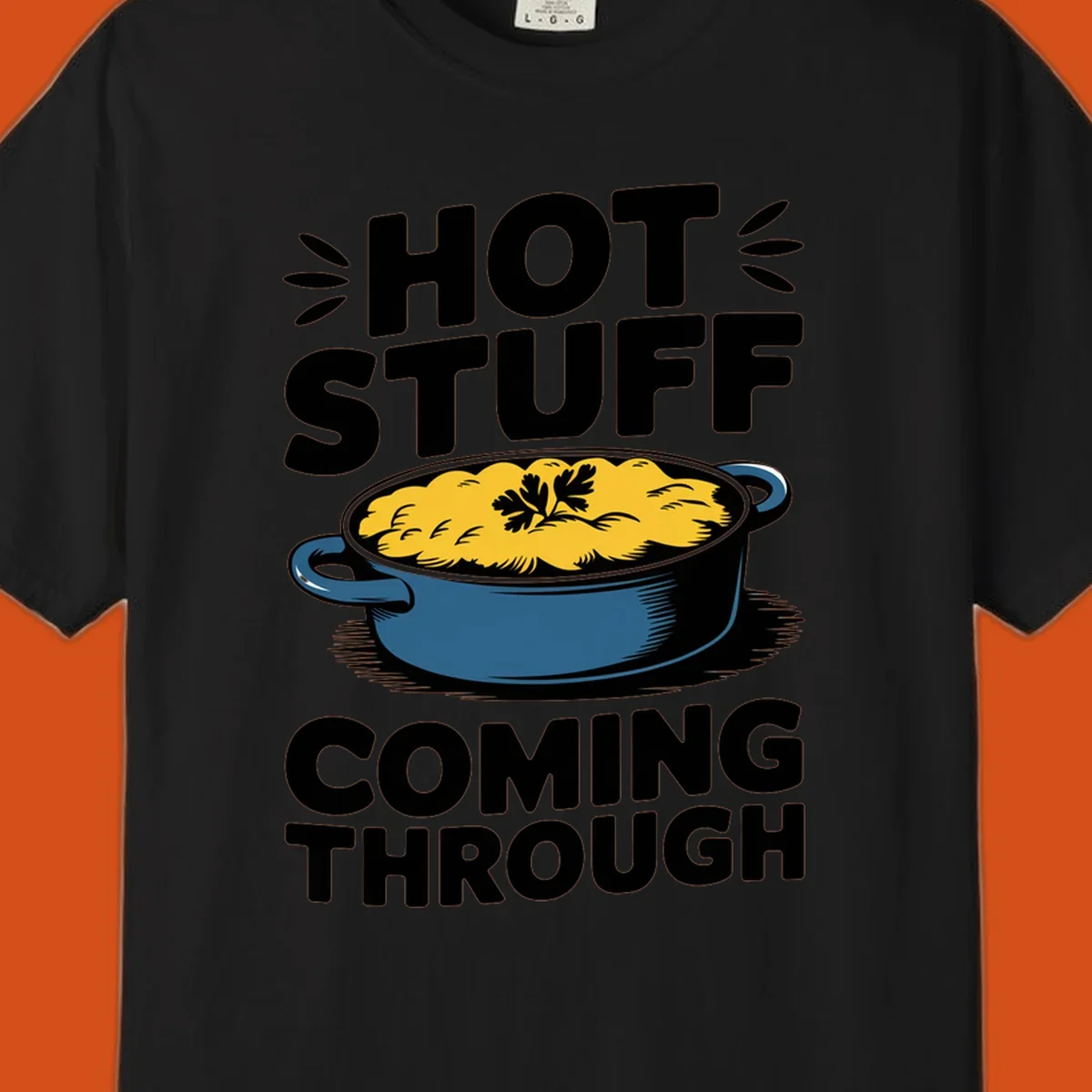 Hot Stuff Coming Through casserole graphic with text and illustration of a cheesy casserole dish.