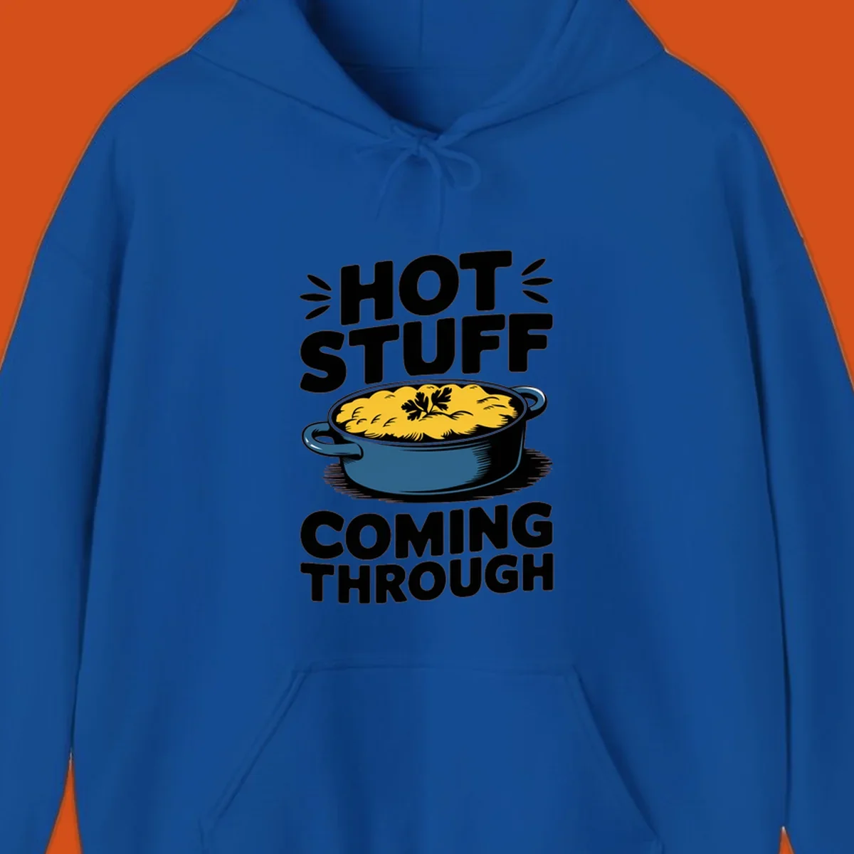 Hot Stuff Coming Through casserole graphic with text and illustration of a cheesy casserole dish.