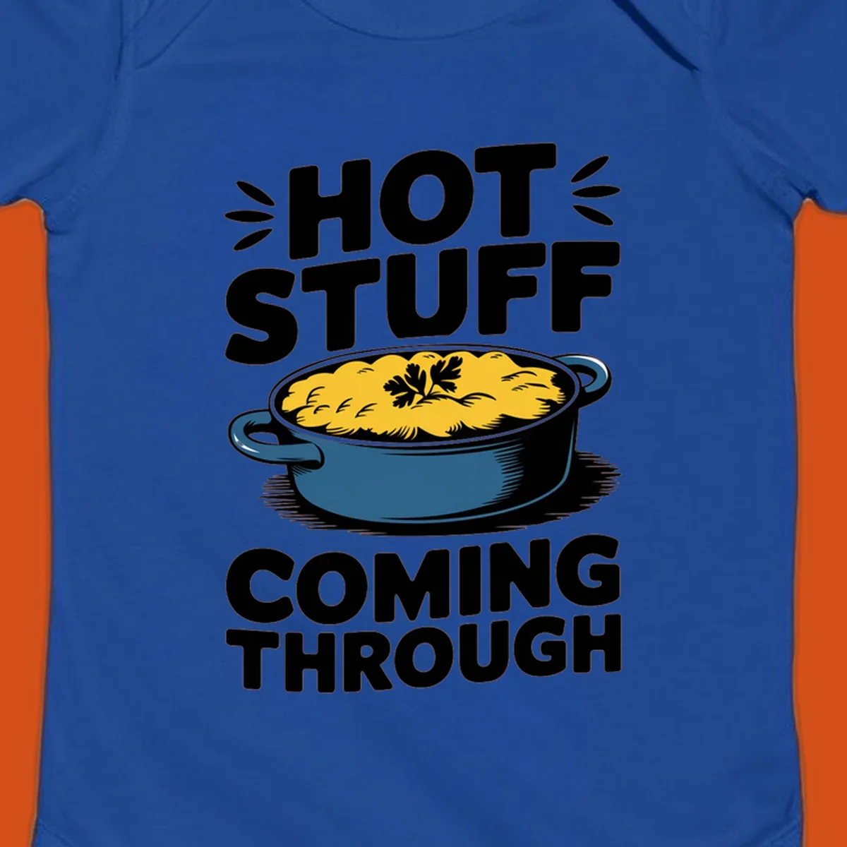 Hot Stuff Coming Through casserole graphic with text and illustration of a cheesy casserole dish.