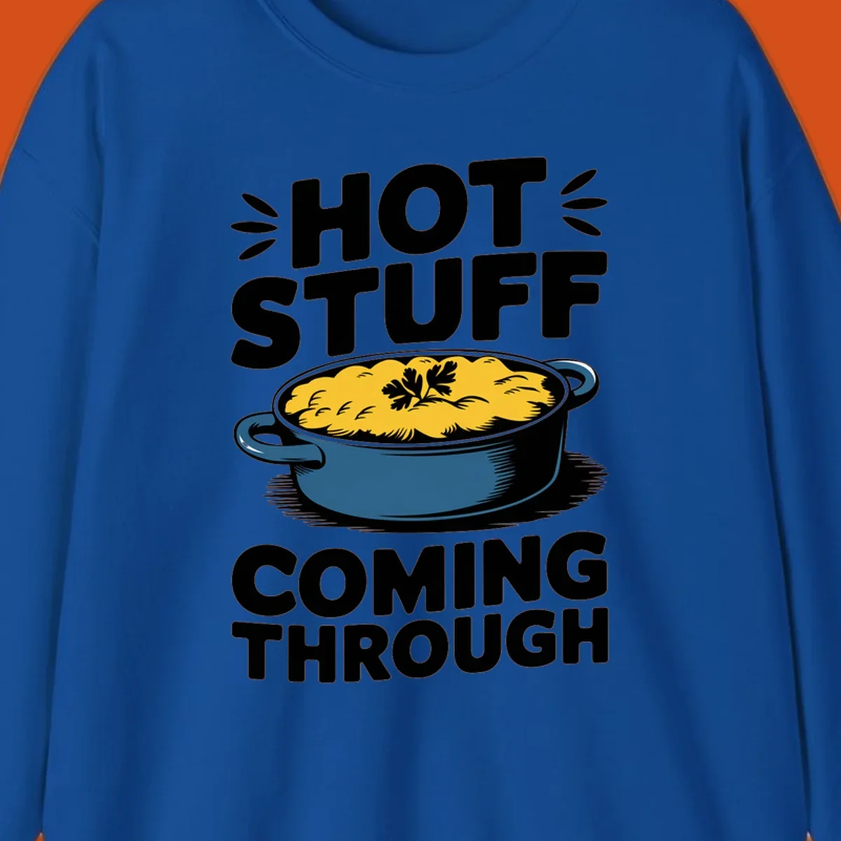 Hot Stuff Coming Through casserole graphic with text and illustration of a cheesy casserole dish.