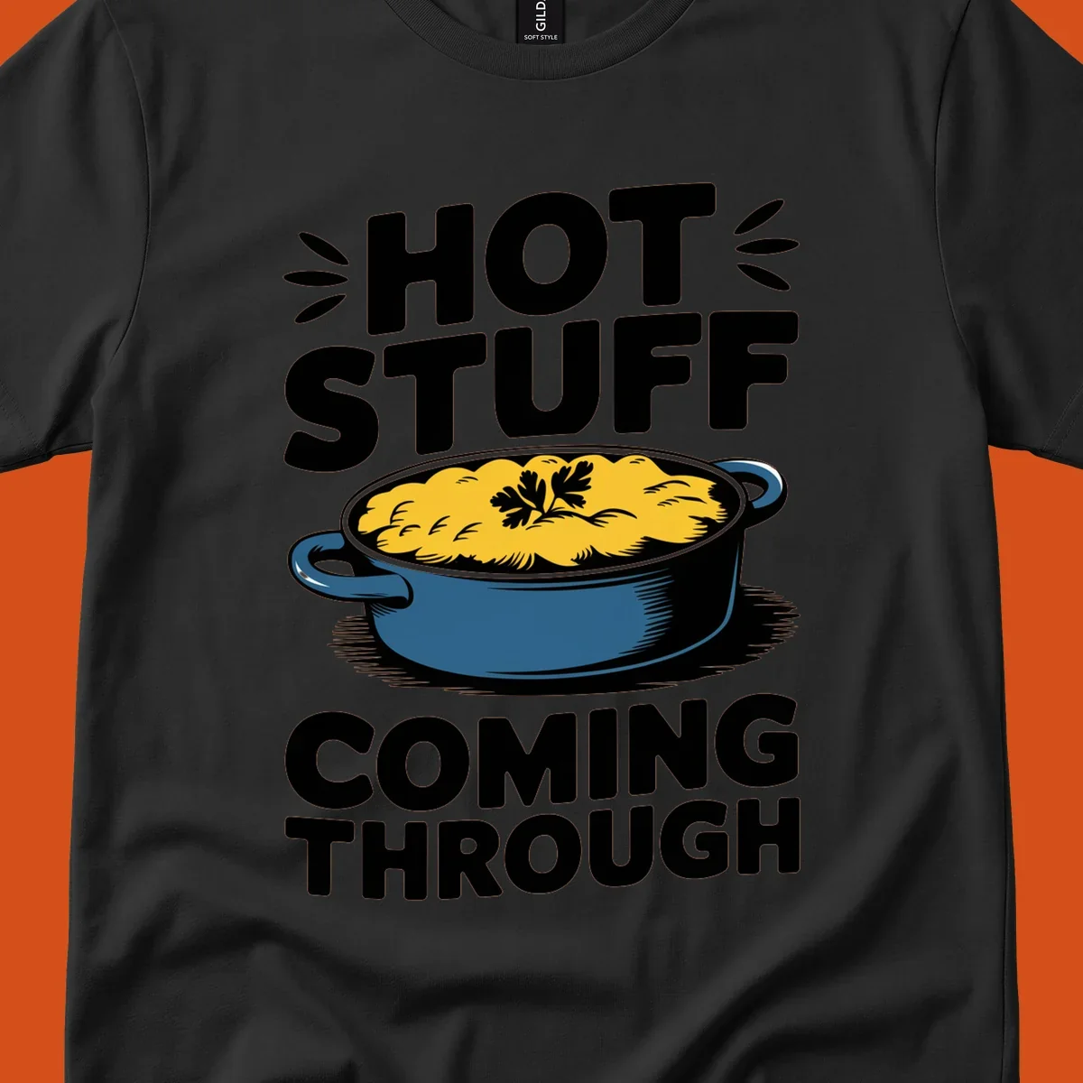 Hot Stuff Coming Through casserole graphic with text and illustration of a cheesy casserole dish.