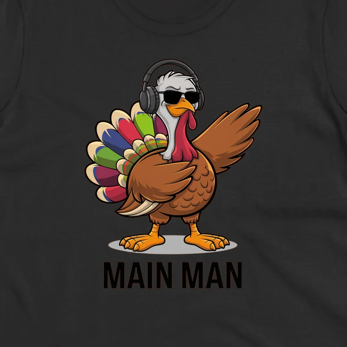 Thanksgiving turkey doing a dab, wearing headphones and sunglasses, with text 'MAIN MAN'.