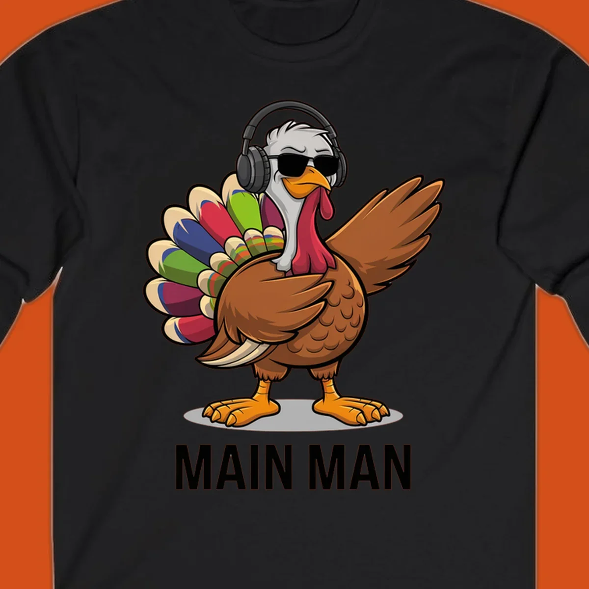 Thanksgiving turkey doing a dab, wearing headphones and sunglasses, with text 'MAIN MAN'.