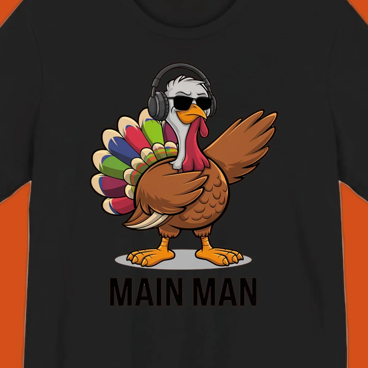 Thanksgiving turkey doing a dab, wearing headphones and sunglasses, with text 'MAIN MAN'.