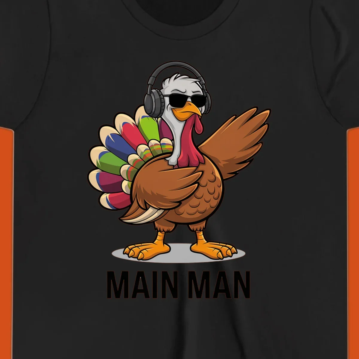 Thanksgiving turkey doing a dab, wearing headphones and sunglasses, with text 'MAIN MAN'.