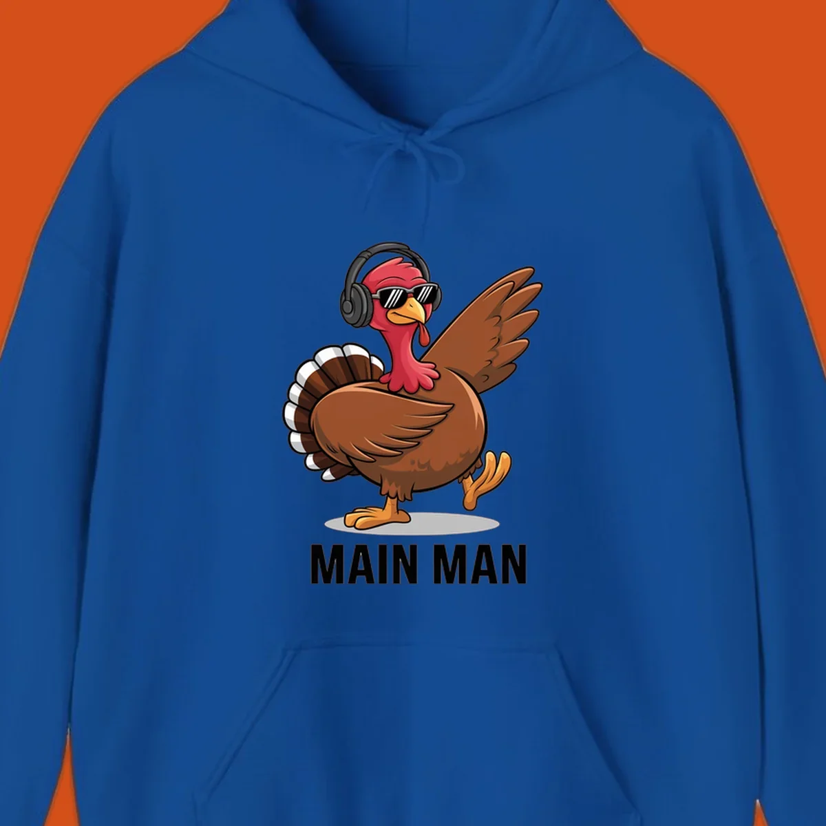 Cool dancing turkey wearing headphones and sunglasses with text 'MAIN MAN'.