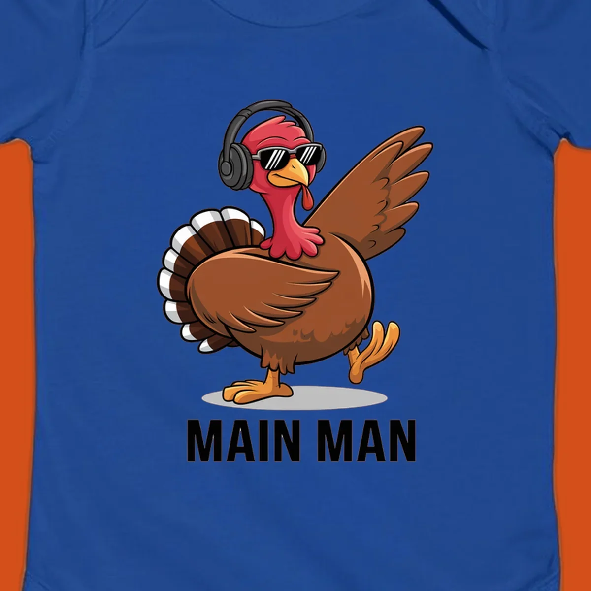 Cool dancing turkey wearing headphones and sunglasses with text 'MAIN MAN'.