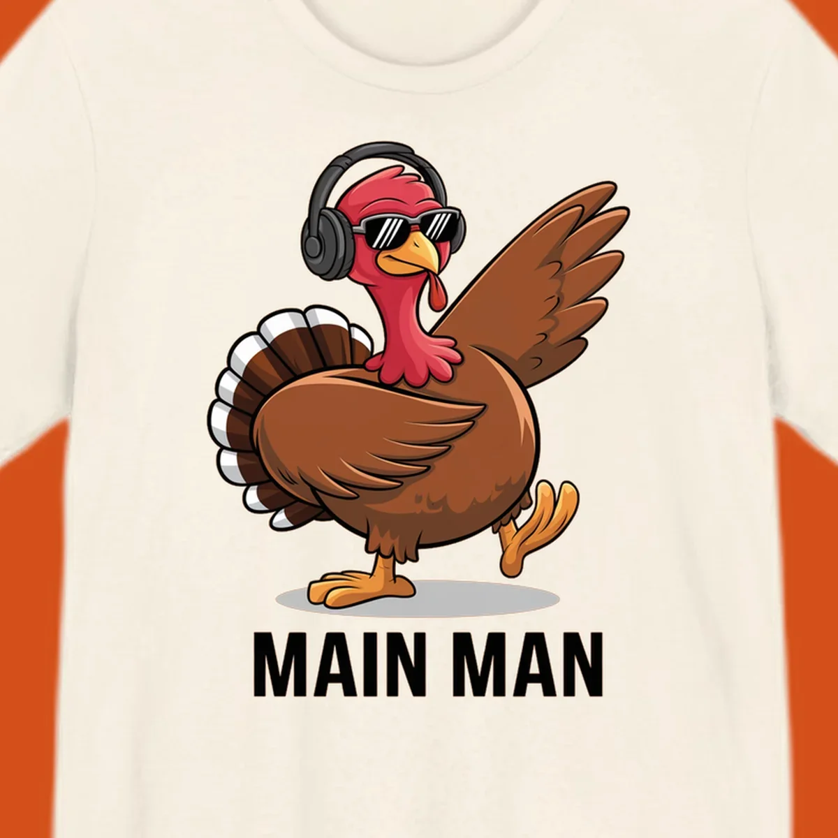 Cool dancing turkey wearing headphones and sunglasses with text 'MAIN MAN'.