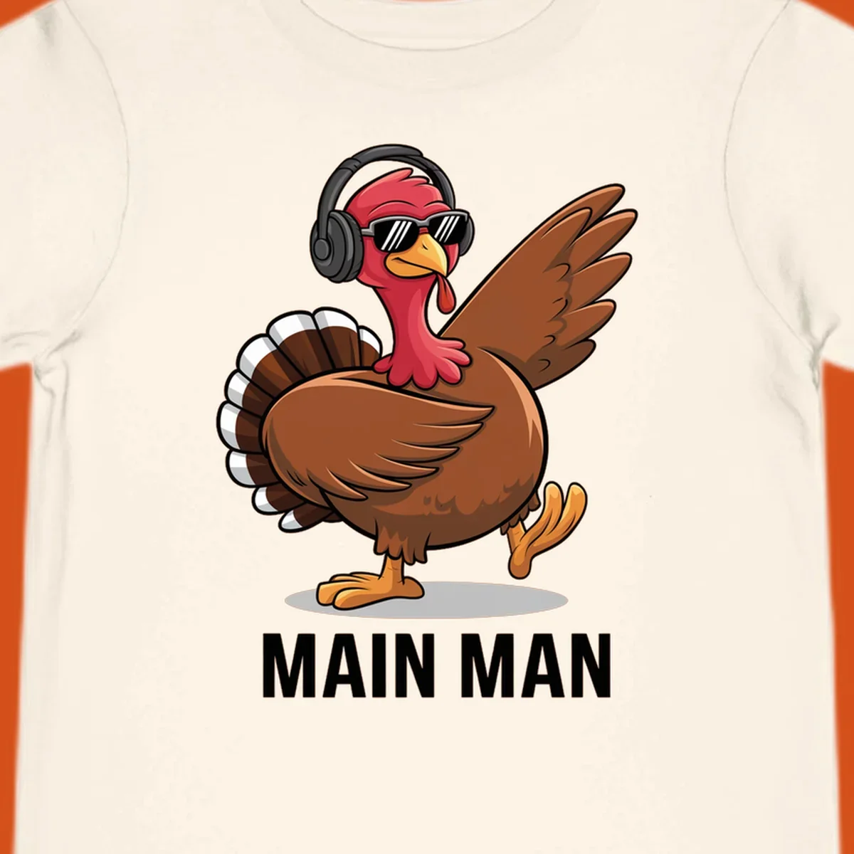 Cool dancing turkey wearing headphones and sunglasses with text 'MAIN MAN'.
