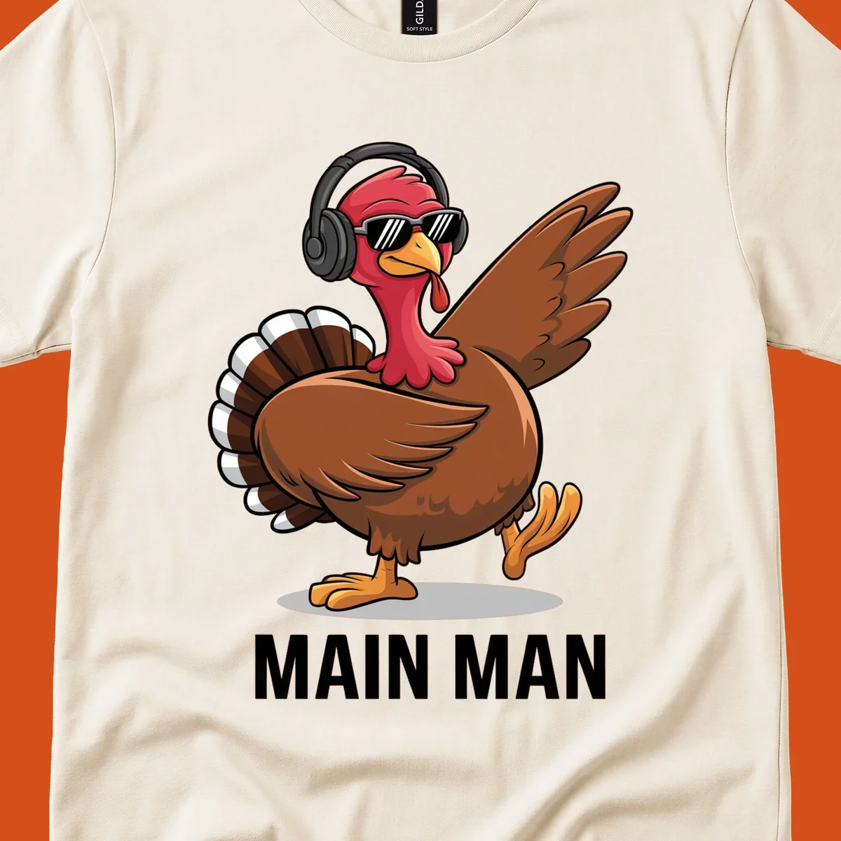 Cool dancing turkey wearing headphones and sunglasses with text 'MAIN MAN'.