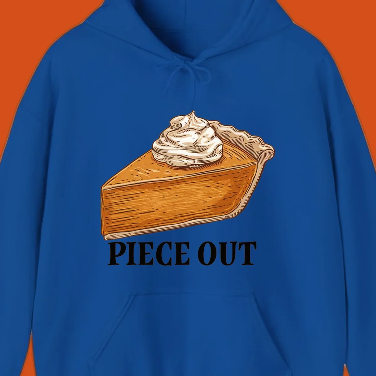Illustration of a slice of pumpkin pie with whipped cream and the text "PIECE OUT".