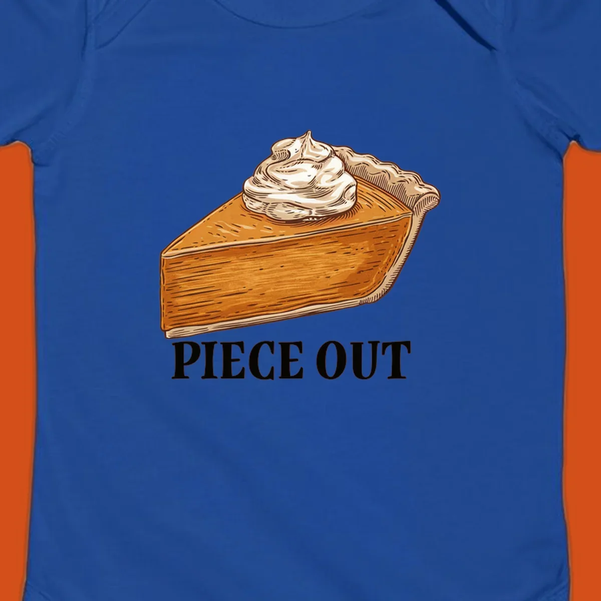 Illustration of a slice of pumpkin pie with whipped cream and the text "PIECE OUT".