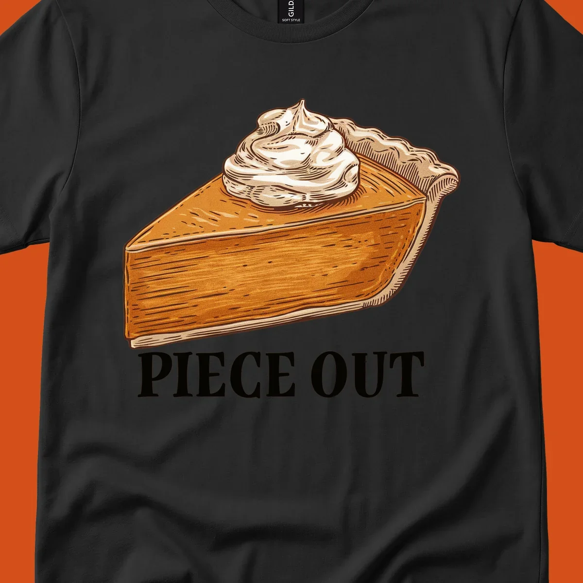 Illustration of a slice of pumpkin pie with whipped cream and the text "PIECE OUT".