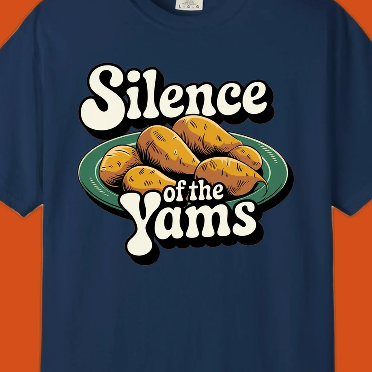 Silence of the Yams pun graphic with sweet potatoes on a plate.