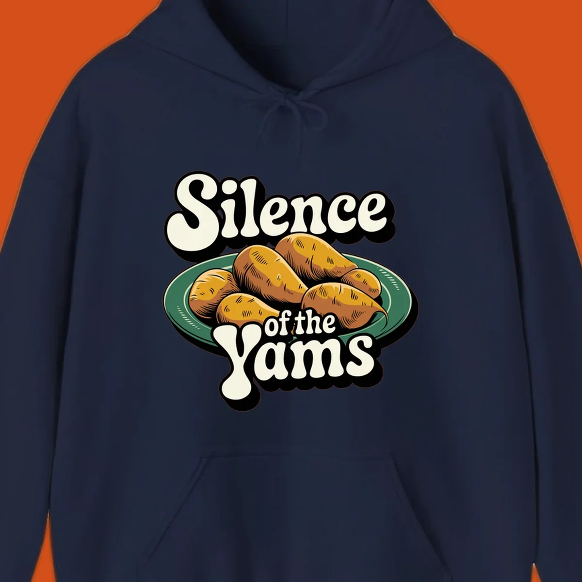 Silence of the Yams pun graphic with sweet potatoes on a plate.