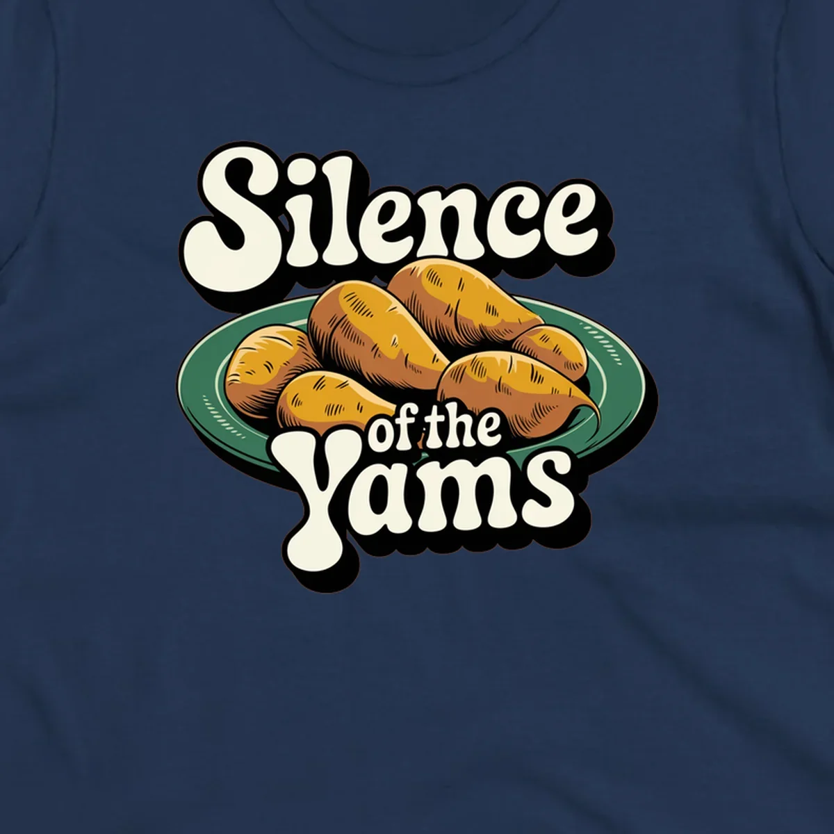 Silence of the Yams pun graphic with sweet potatoes on a plate.