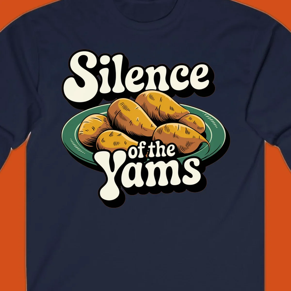 Silence of the Yams pun graphic with sweet potatoes on a plate.