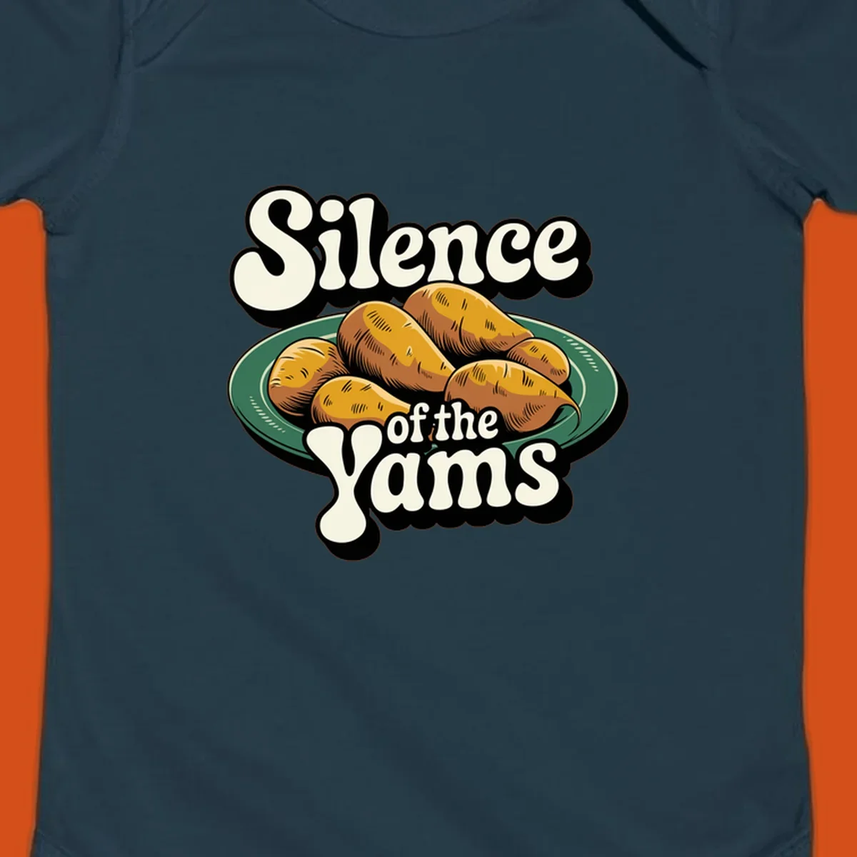 Silence of the Yams pun graphic with sweet potatoes on a plate.