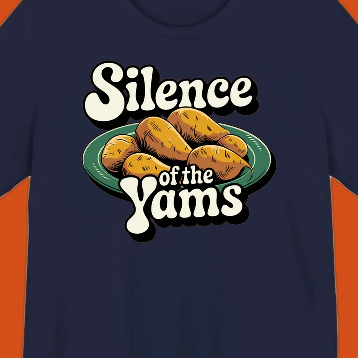 Silence of the Yams pun graphic with sweet potatoes on a plate.