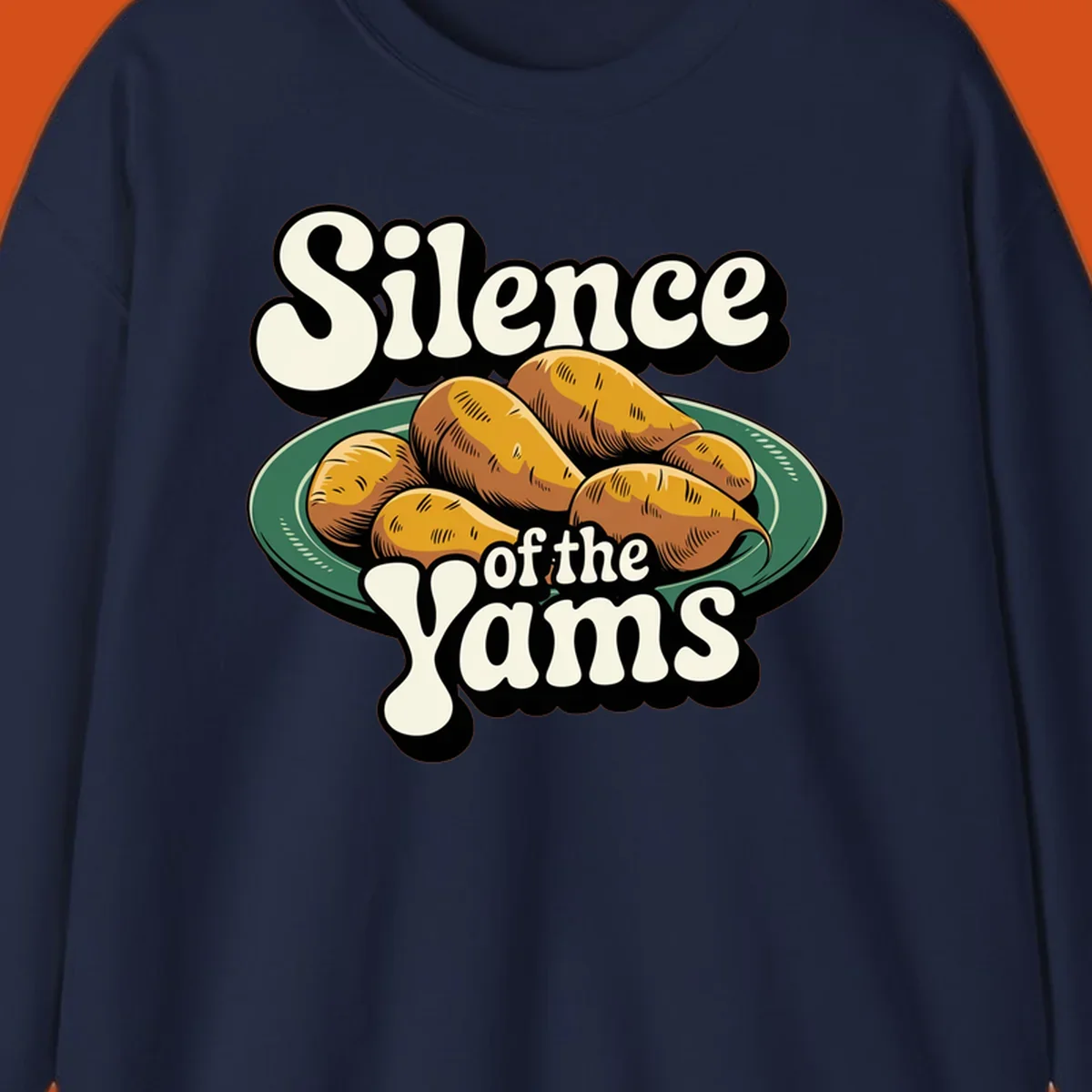 Silence of the Yams pun graphic with sweet potatoes on a plate.