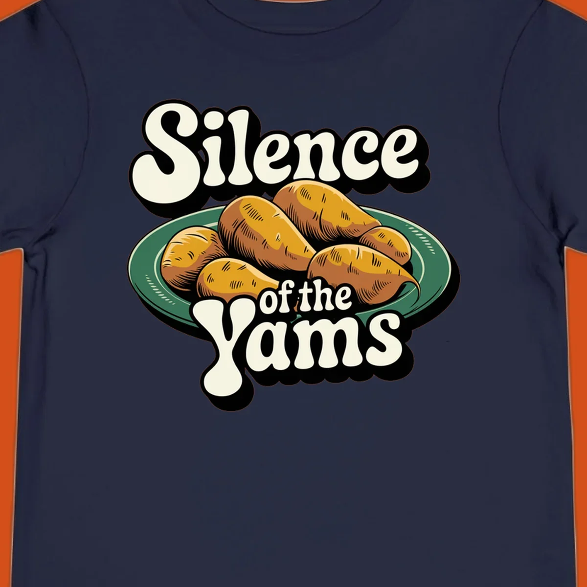 Silence of the Yams pun graphic with sweet potatoes on a plate.