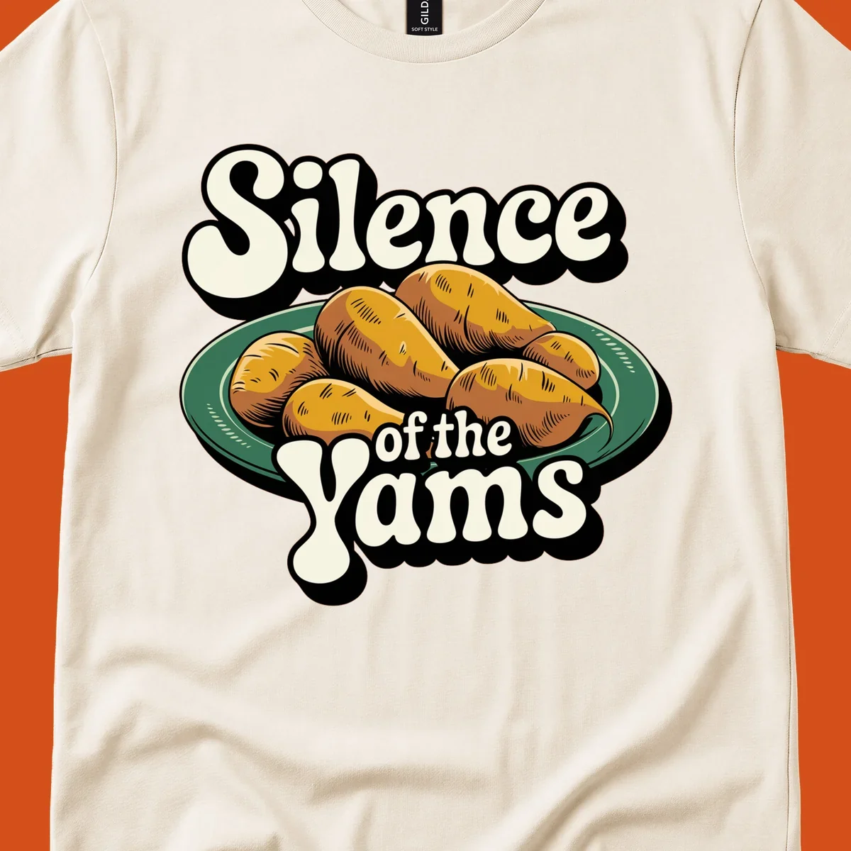 Silence of the Yams pun graphic with sweet potatoes on a plate.