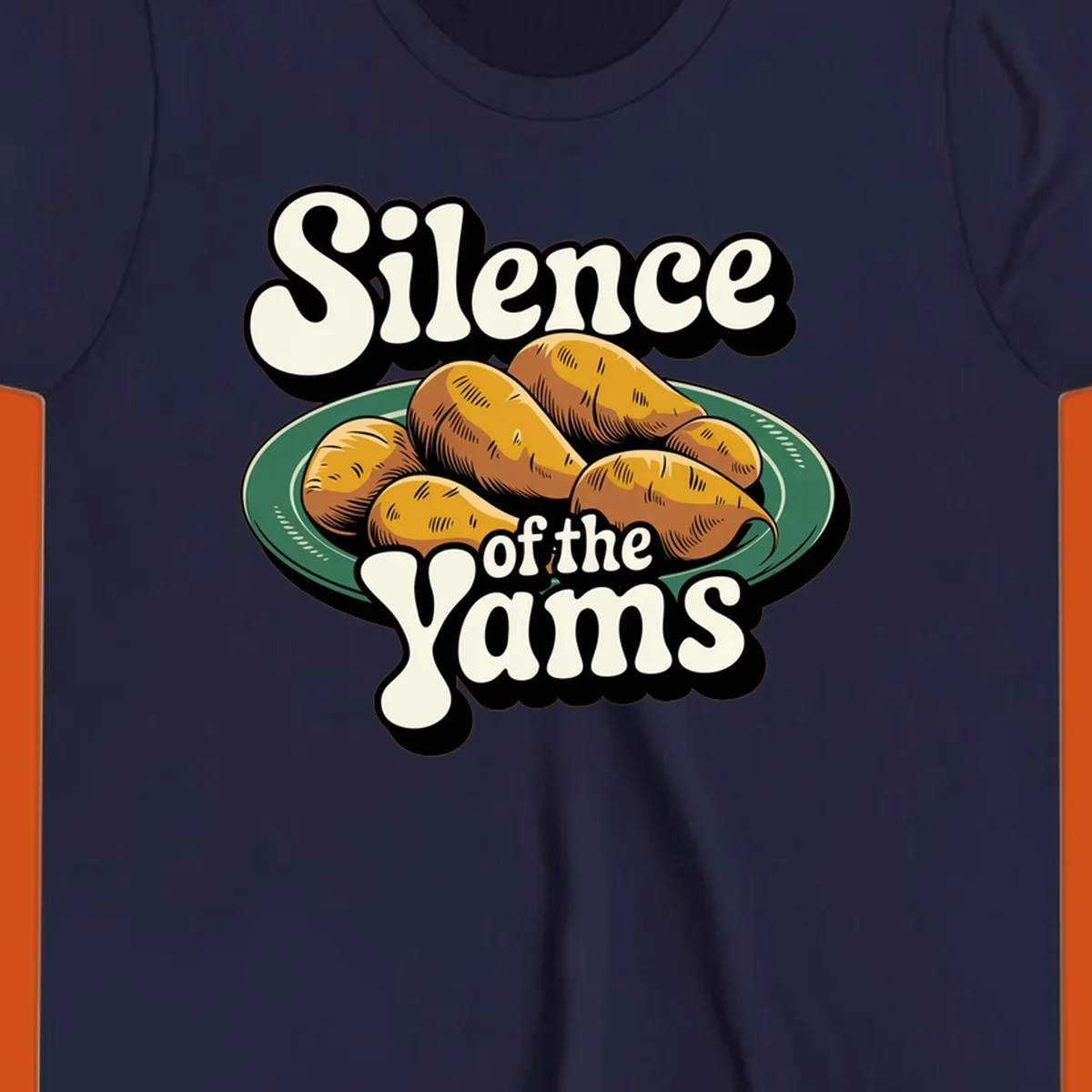 Silence of the Yams pun graphic with sweet potatoes on a plate.