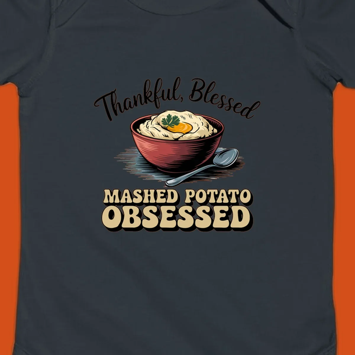 Mashed potato obsessed thankful blessed text with illustration of mashed potatoes and spoon.