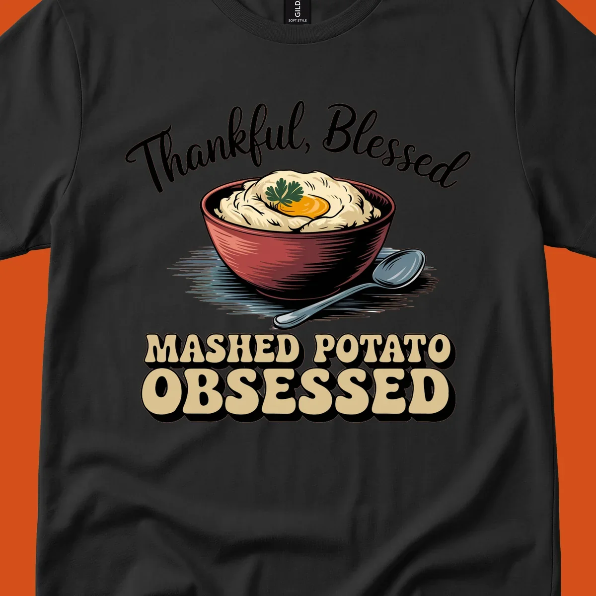 Mashed potato obsessed thankful blessed text with illustration of mashed potatoes and spoon.