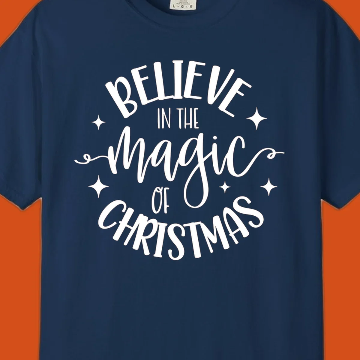 Believe in the magic of Christmas text with stars, holiday graphic.