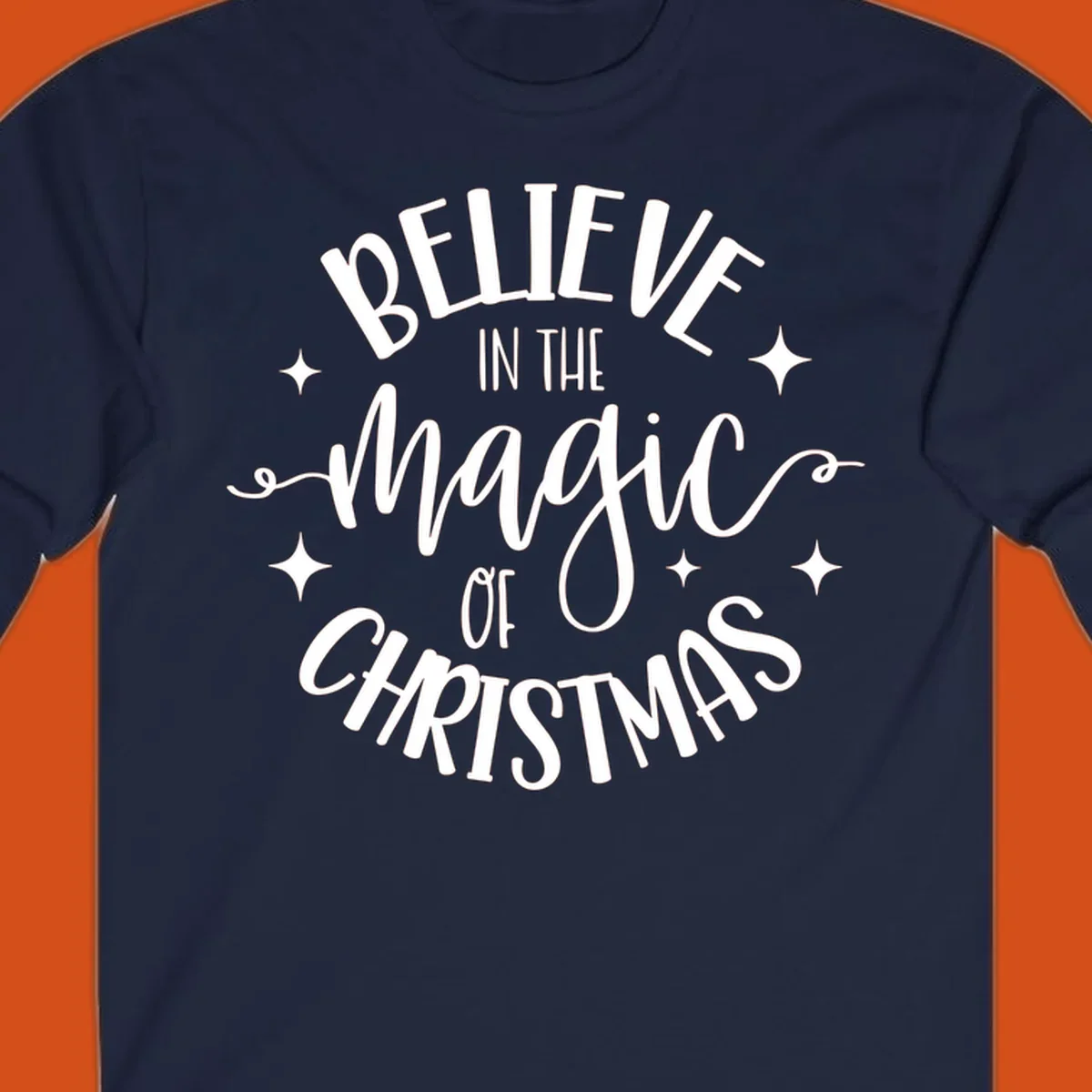 Believe in the magic of Christmas text with stars, holiday graphic.