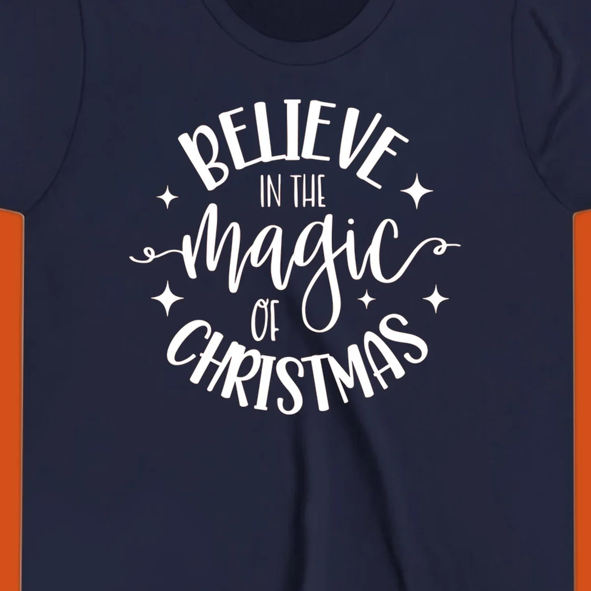 Believe in the magic of Christmas text with stars, holiday graphic.
