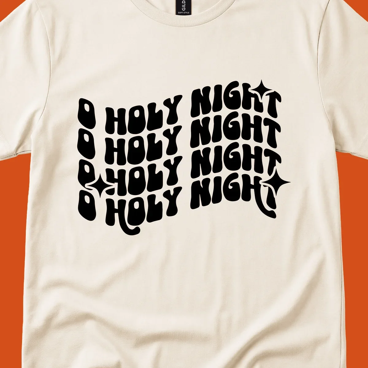 O Holy Night retro wavy text and starbursts graphic.
