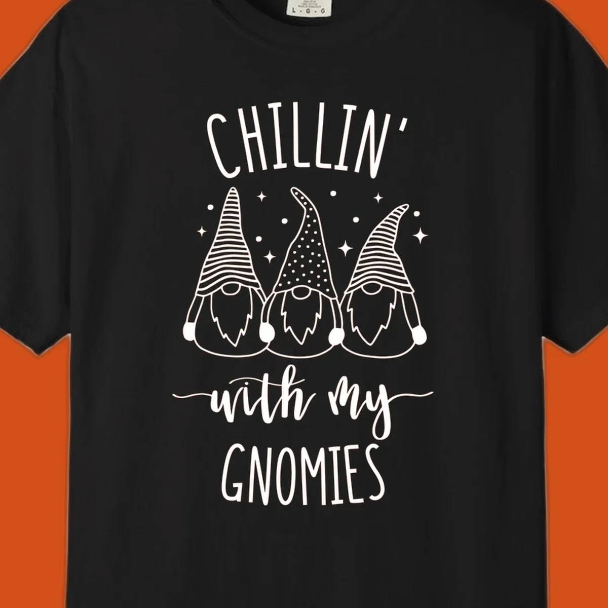 Chillin with my gnomies holiday design featuring three gnomes and text.