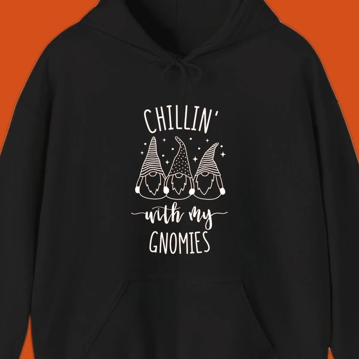 Chillin with my gnomies holiday design featuring three gnomes and text.