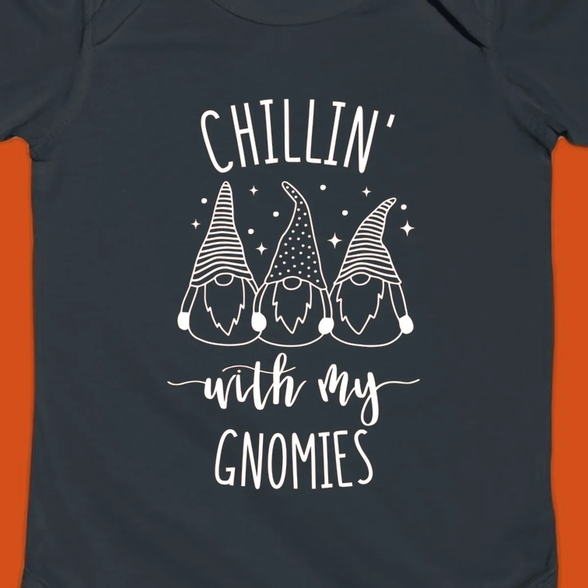 Chillin with my gnomies holiday design featuring three gnomes and text.