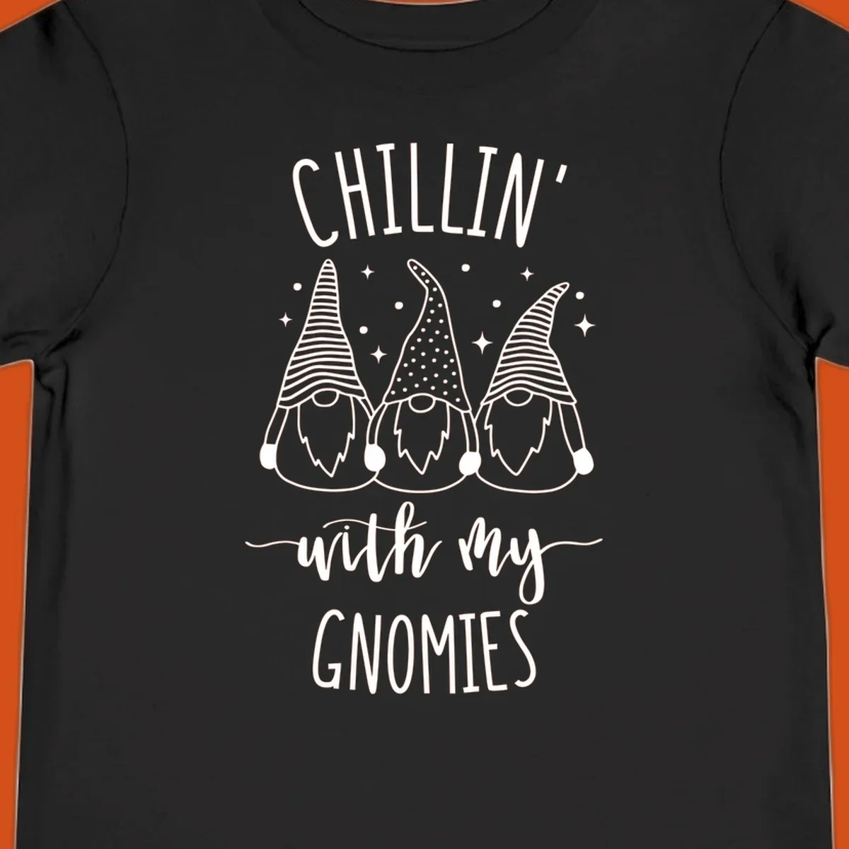 Chillin with my gnomies holiday design featuring three gnomes and text.