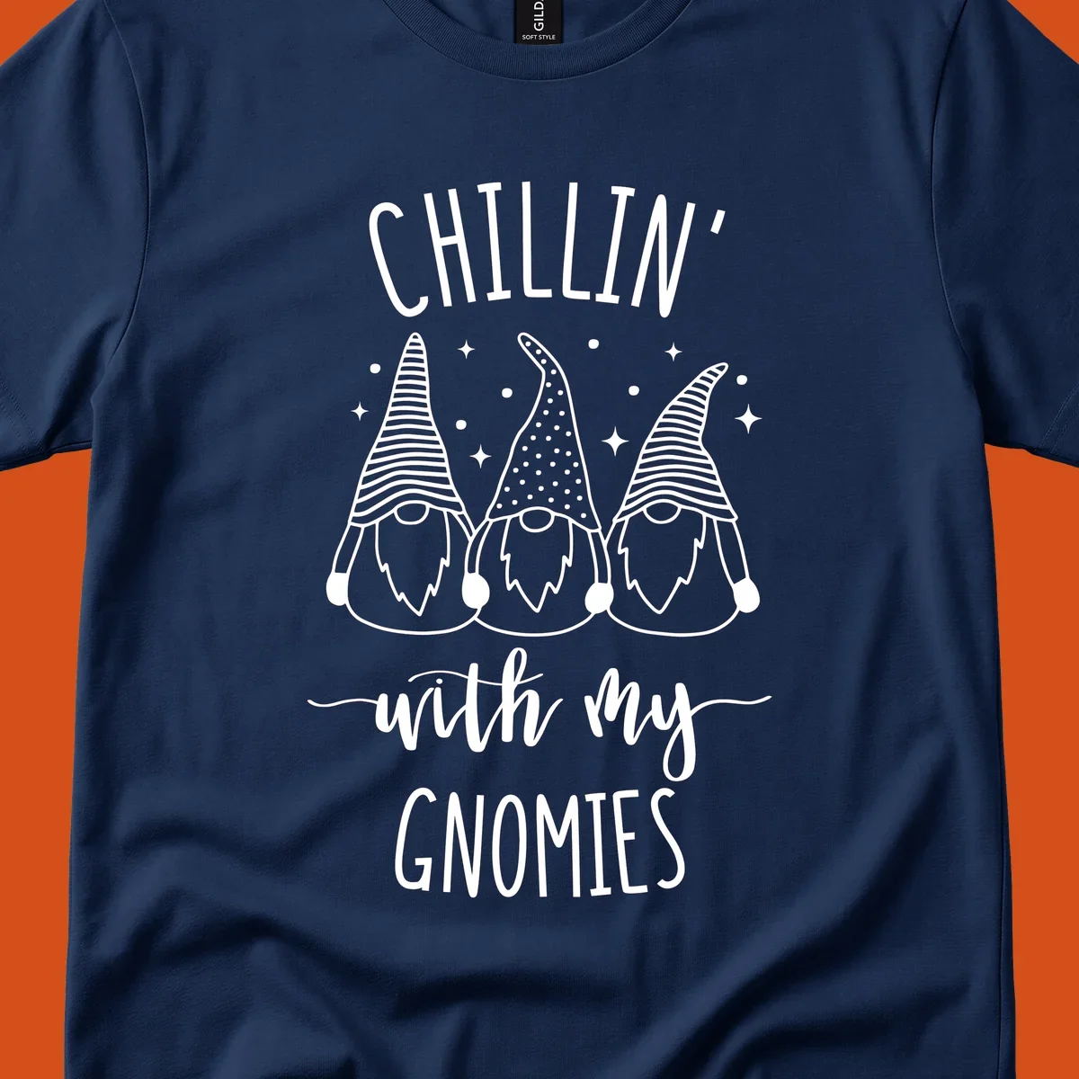 Chillin with my gnomies holiday design featuring three gnomes and text.