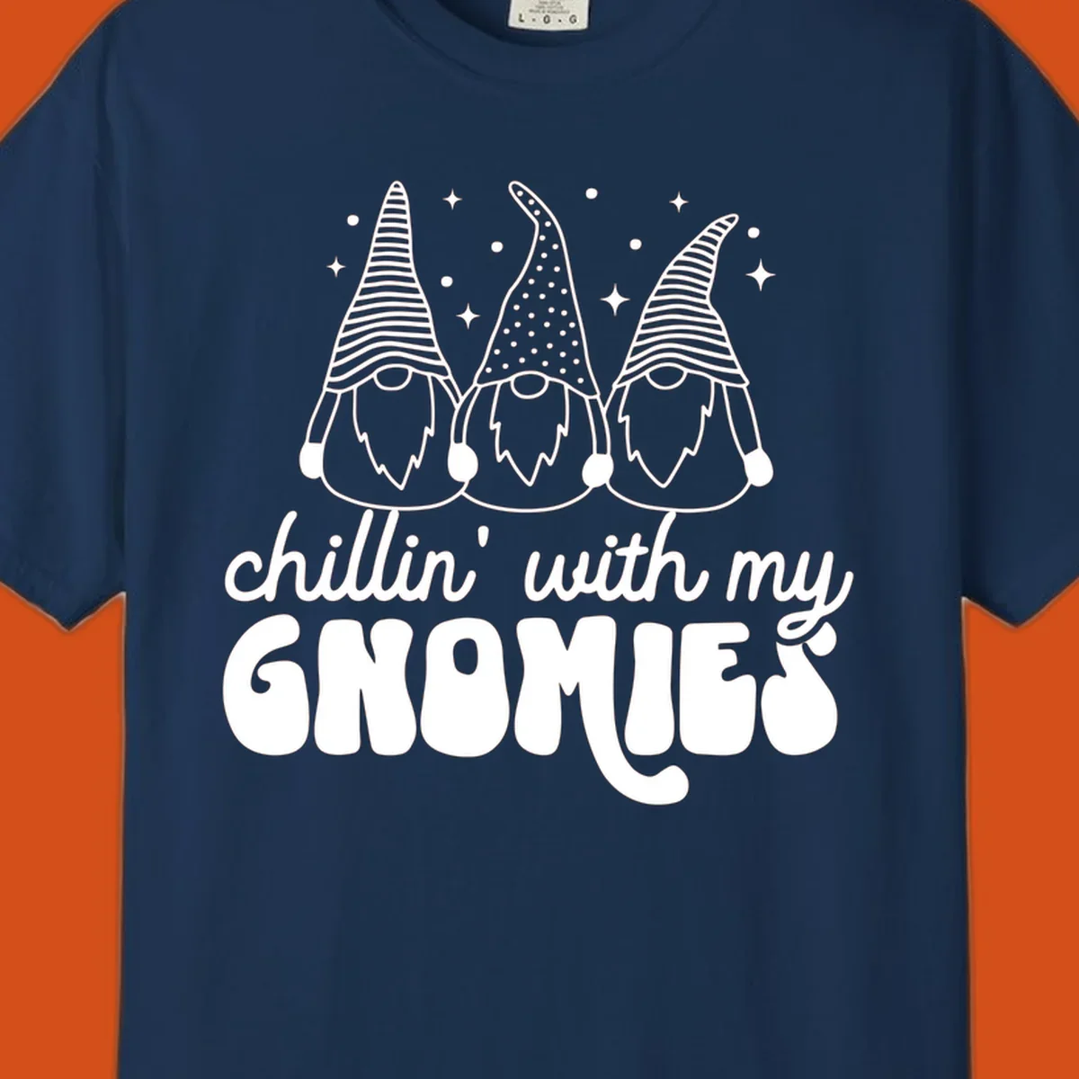 Chillin with my gnomies illustration featuring three gnomes and text. holiday gnome phrase.