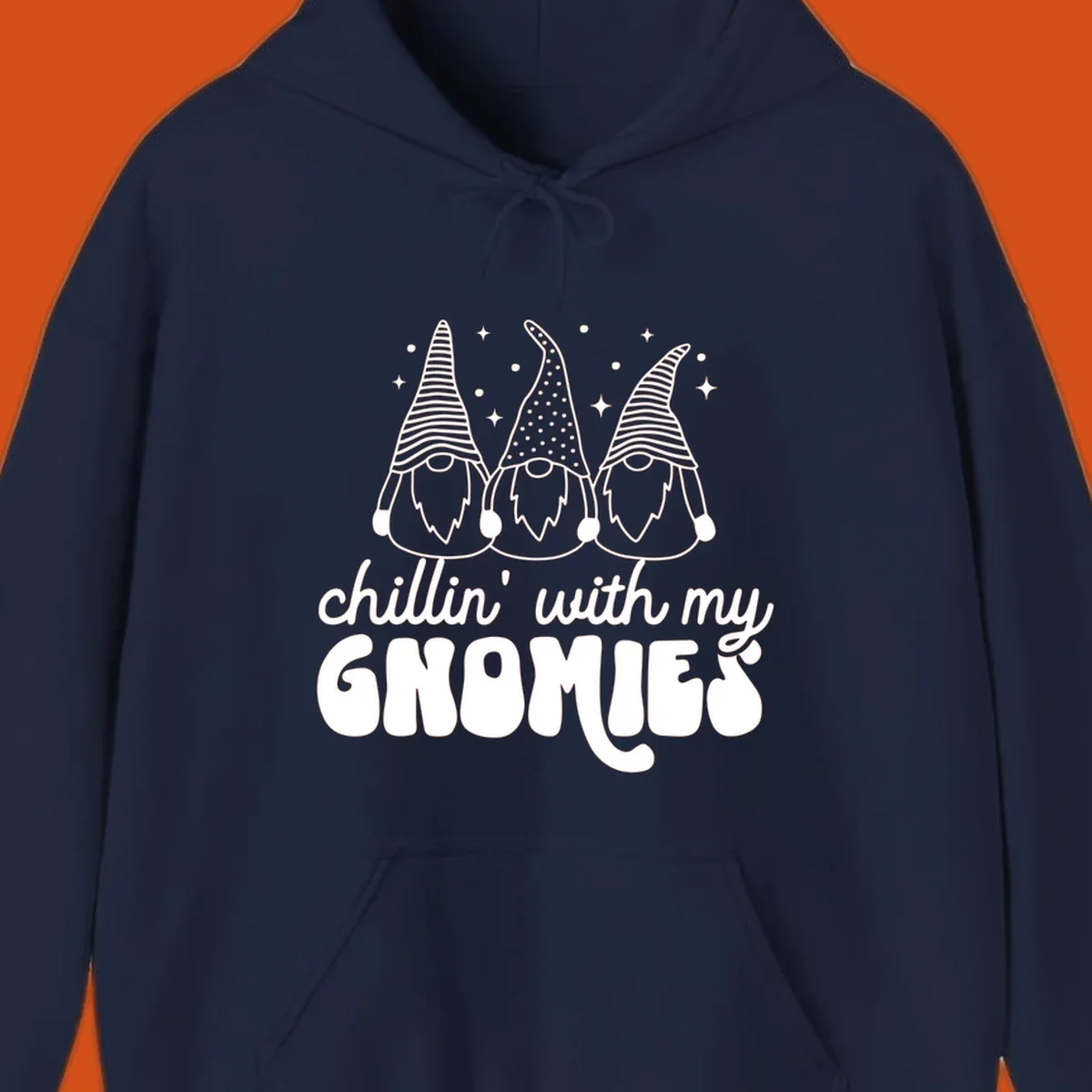Chillin with my gnomies illustration featuring three gnomes and text. holiday gnome phrase.